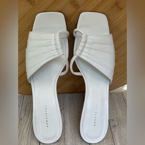 Italian Dorateymur White Leather Ruched Square Toe Slide Sandals Chic Minimalist